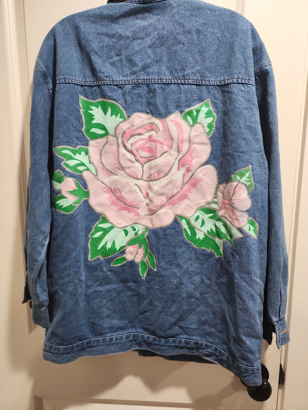 Vintage Hunters Run Hand Painted Rose Denim Jacket Oversized Floral Art Size L